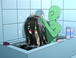 Size: 3848x2920 | Tagged: safe, artist:dibujito, derpibooru import, edit, oc, oc:anon, oc:floor bored, bags under eyes, bath, bathing together, bathroom, bathtub, blushing, chest fluff, conditioner, cute, glasses, neet, shampoo, soap, water