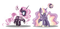 Size: 1280x612 | Tagged: safe, artist:dixieadopts, derpibooru import, oc, oc only, oc:dreamweaver bloom, oc:prismatic spell, alicorn, pony, unicorn, adoptable, alicorn oc, bipedal, blue eyeshadow, blue pupils, bracelet, colored hooves, colored pupils, colored wings, colored wingtips, duo, duo female, ear piercing, earring, ethereal mane, ethereal tail, eye clipping through hair, eyeshadow, female, folded wings, glowing, glowing mane, glowing tail, golden eyes, head turn, hoof shoes, hooves, horn, jewelry, long horn, magical lesbian spawn, makeup, mare, necklace, not twilight sparkle, offspring, parent:fluttershy, parent:rainbow dash, parent:rarity, parent:twilight sparkle, parents:flarity, parents:twidash, peytral, piercing, purple eyeshadow, raised hoof, raised leg, simple background, smiling, sparkles, sparkly mane, sparkly tail, tail, tiara, transparent background, unicorn oc, wings