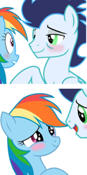 Size: 1338x2702 | Tagged: source needed, safe, artist:paracetamolnavo30, derpibooru import, rainbow dash, soarin', pegasus, pony, adorkable, blushing, comic, cute, dashabetes, dork, female, heartwarming, instinct, looking at each other, looking at someone, male, mare, primal, rainbow dash is best pony, shipping, smiling, smiling at each other, soarinbetes, soarindash, stallion, straight, sweet dreams fuel