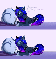 Size: 2536x2658 | Tagged: safe, artist:magnaluna, derpibooru import, princess luna, oc, oc:zefiroth, alicorn, dragon, pony, g4, 2 panel comic, baby, baby dragon, colored wings, colored wingtips, comic, concave belly, crown, curved horn, cute, dragon egg, dragon oc, egg, eyes closed, eyeshadow, female, fluffy, folded wings, hoof shoes, horn, implied canon x oc, implied shipping, jewelry, lying down, makeup, mare, non-pony oc, open mouth, peytral, princess shoes, prone, regalia, slender, smiling, spanish, tail, thin, translated in the comments, wings