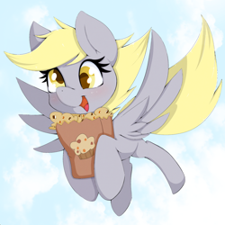 Size: 2048x2048 | Tagged: safe, artist:zokkili, derpibooru import, derpy hooves, pegasus, pony, g4, bag, cloud, cute, derp, derpabetes, female, flying, food, high res, mare, muffin, open mouth, open smile, outdoors, paper bag, sky, smiling, solo, spread wings, that pony sure does love muffins, wings