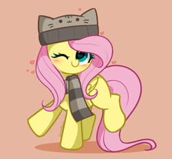 Size: 2048x1885 | Tagged: safe, artist:kittyrosie, derpibooru import, fluttershy, pegasus, pony, g4, bipedal, blushing, clothes, cream background, cute, female, floating heart, hat, heart, looking at you, mare, one eye closed, raised hoof, raised leg, scarf, shyabetes, simple background, smiling, smiling at you, solo, striped scarf, tail, wingding eyes, wink, winking at you