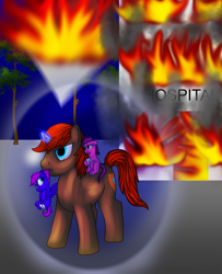 Size: 1036x1273 | Tagged: safe, artist:commypink, derpibooru import, oc, oc:psyc lulamoon, earth pony, pegasus, pony, unicorn, bandage, bandaged leg, commission, ears, earth pony oc, female, filly, fire, floppy ears, foal, glowing, glowing horn, hero, horn, hospital, magic, magic aura, male, mouth hold, outdoors, pegasus oc, riding, riding a pony, scruff, smiling, spread wings, stallion, tail, unicorn oc, unnamed oc, wings