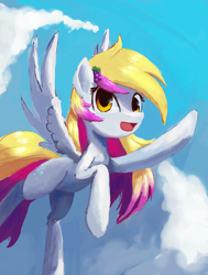 Size: 3125x4125 | Tagged: safe, artist:terrafomer, derpibooru import, derpy hooves, pegasus, pony, g4, alternate hair color, female, flying, hairclip, mare, open mouth, open smile, sky, smiling, solo, waving