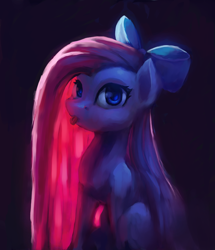 Size: 4290x5000 | Tagged: safe, artist:terrafomer, derpibooru import, pinkie pie, earth pony, pony, g4, absurd resolution, bow, bust, chiaroscuro, dark background, hair bow, pinkamena diane pie, portrait, sitting, solo, straight mane, tongue, tongue out