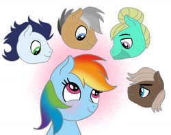 Size: 1280x1007 | Tagged: safe, artist:mrsdashskies, derpibooru import, dumbbell, quibble pants, rainbow dash, soarin', zephyr breeze, pegasus, pony, g4, blushing, dumbdash, female, male, mare, ship:quibbledash, ship:zephdash, shipping, soarindash, stallion, straight