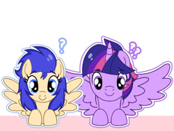 Size: 828x621 | Tagged: safe, artist:paracetamolnavo30, derpibooru import, dusk shine, flare warden, flash sentry, prince dusk, twilight sparkle, twilight sparkle (alicorn), alicorn, pegasus, pony, female, flashlight, male, mare, question mark, rule 63, ship:duskflare, shipping, simple background, stallion, straight, white background