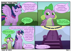 Size: 4960x3508 | Tagged: safe, artist:sweetielover, derpibooru import, spike, twilight sparkle, twilight sparkle (alicorn), alicorn, dragon, pony, comic:scales at school, g4, comic, countryside, dialogue, door, duo, entrance, eyes closed, female, folded wings, male, spread wings, webcomic, wings