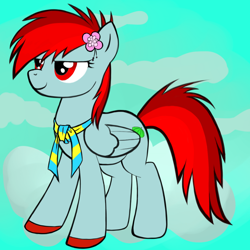 Size: 1024x1024 | Tagged: safe, artist:lyra heartstrings13, derpibooru import, oc, oc only, pegasus, pony, avatar maker: pony, clothes, colored hooves, female, flower, flower in hair, folded wings, gray eyes, hooves, mare, pegasus oc, red eyes, scarf, striped scarf, unnamed oc, wings