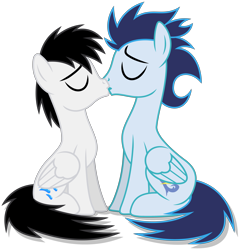 Size: 5267x5463 | Tagged: safe, artist:creedyboy124, derpibooru import, soarin', oc, oc:shane park, pegasus, pony, g4, canon x oc, eyes closed, folded wings, gay, kissing, male, males only, pegasus oc, shipping, simple background, sitting, stallion, wings