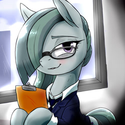 Size: 1024x1024 | Tagged: safe, artist:a.s.e, derpibooru import, marble pie, earth pony, pony, g4, city, clipboard, clothes, cute, female, glasses, hair over one eye, looking at someone, marblebetes, mare, office lady, secretary, smiling, solo