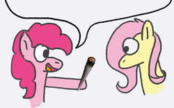 Size: 1334x833 | Tagged: safe, artist:zoeyhorse, derpibooru import, fluttershy, pinkie pie, earth pony, pegasus, pony, g4, ask, blunt, description is relevant, drugs, duo, duo female, female, mare, marijuana, pinkie high, simple background, speech bubble, white background