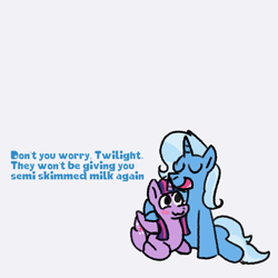 Size: 1437x1435 | Tagged: safe, artist:zoeyhorse, derpibooru import, trixie, twilight sparkle, twilight sparkle (alicorn), alicorn, pony, unicorn, g4, :3, ask, blush sticker, blushing, dialogue, duo, duo female, eyes closed, female, horn, lesbian, lying down, mare, open mouth, open smile, ponyloaf, prone, shipping, side hug, simple background, smiling, text, twixie, white background