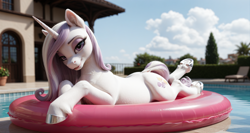 Size: 3360x1792 | Tagged: safe, ai content, derpibooru import, machine learning generated, fleur-de-lis, pony, unicorn, g4, anonymous prompter, chest fluff, cloud, depth of field, detailed hair, dock, ear fluff, ears, female, floaty, fluffy, generator:pony realism 2.1, head tilt, high res, horn, house, looking at you, lying down, mare, outdoors, photorealistic, pool toy, prompt in description, prompt in metadata, prone, realistic, smiling, smiling at you, solo, sploot, swimming pool, tail, thin, three quarter view, tree, underhoof, water