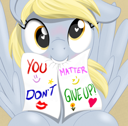 Size: 984x968 | Tagged: safe, artist:eels, derpibooru import, edit, derpy hooves, pegasus, pony, g4, bust, cute, derpabetes, don't dead open inside, female, heart, heart eyes, looking at you, mare, meme, mouth hold, paper, positive message, positive ponies, smiling, smiling at you, solo, wingding eyes