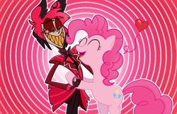 Size: 1648x1060 | Tagged: safe, artist:wisemalejandro, derpibooru import, pinkie pie, earth pony, pony, g4, alastor, bipedal, crossover, female, hazbin hotel, hellaverse, hug, male, mare, patterned background