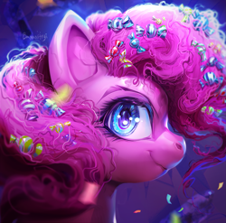 Size: 1893x1869 | Tagged: safe, artist:bananitryi, derpibooru import, pinkie pie, earth pony, pony, g4, big eyes, candy, candy in hair, female, food, mare, my little pony: friendship is magic, solo