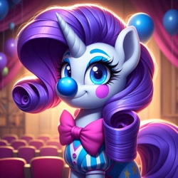 Size: 1024x1024 | Tagged: safe, ai content, derpibooru import, generator:bing image creator, generator:dall-e 3, machine learning generated, rarity, unicorn, g4, balloon, bowtie, clothes, clown, female, horn, mare, prompter:heydude5321, solo