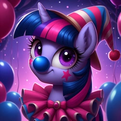 Size: 1024x1024 | Tagged: safe, ai content, derpibooru import, generator:bing image creator, generator:dall-e 3, machine learning generated, twilight sparkle, unicorn, g4, balloon, clown, female, hat, horn, mare, prompter:heydude5321, solo