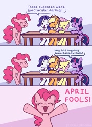 Size: 1474x2048 | Tagged: safe, artist:nawnii, derpibooru import, applejack, fluttershy, pinkie pie, rarity, twilight sparkle, twilight sparkle (alicorn), alicorn, earth pony, pegasus, pony, unicorn, fanfic:cupcakes, g4, :3, april fools, comic, dialogue, horn, implied rainbow dash, oh no, the implications are horrible, this will not end well