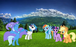 Size: 1024x640 | Tagged: safe, artist:mrlolcats17, artist:shelmo69, artist:tsabak, derpibooru import, editor:vinyls1250, applejack, dj pon-3, rainbow dash, trixie, twilight sparkle, vinyl scratch, pony, g4, 1000 years in photoshop, female, females only, implied fluttershy, implied octavia melody, implied pinkie pie, implied rarity, implied spike, irl, photo, ponies in real life