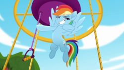 Size: 800x450 | Tagged: safe, derpibooru import, screencap, rainbow dash, pegasus, pony, g4, belly, cute, dashabetes, eyebrows, female, feminism, flying, furrowed brow, grin, gritted teeth, hero dash, heroism, hot air balloon, lidded eyes, mare, my little pony: friendship is magic, my little pony: rainbow roadtrip, rainbow dash is best pony, rainbow sass, round belly, smiling, solo, spread wings, teeth, warrior dash, wings