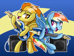 Size: 2064x1568 | Tagged: safe, artist:notadeliciouspotato, derpibooru import, rainbow dash, spitfire, pegasus, pony, g4, abstract background, bipedal, duo, duo female, electric guitar, female, guitar, hoof hold, lidded eyes, looking at each other, looking at someone, mare, musical instrument, open mouth, open smile, playing instrument, signature, smiling, speaker, spread wings, standing, standing on one leg, wings