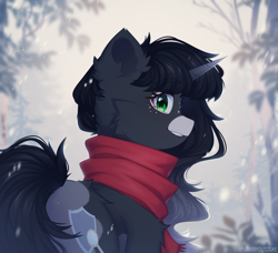 Size: 2500x2281 | Tagged: safe, artist:floweryoutoday, derpibooru import, oc, oc:obsidian limelight, crystal pony, unicorn, clothes, ear fluff, ears, green eyes, horn, looking at you, scarf, snow, tail