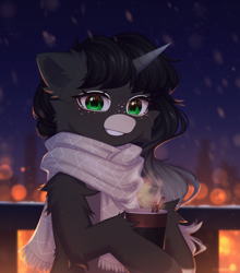 Size: 2025x2300 | Tagged: safe, artist:floweryoutoday, derpibooru import, oc, oc:obsidian limelight, crystal pony, unicorn, city, cityscape, clothes, coffee, coffee cup, cup, ear fluff, ears, green eyes, horn, looking at you, scarf, smiling, smiling at you