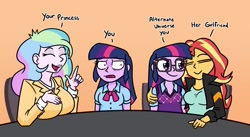 Size: 1820x1000 | Tagged: safe, artist:jargon scott, derpibooru import, princess celestia, principal celestia, sci-twi, sunset shimmer, twilight sparkle, human, equestria girls, g4, big breasts, breasts, female, lesbian, loose hair, open mouth, open smile, orange background, pinpoint eyes, princess breastia, purple nail polish, purple nails, sci-twishimmer, shipping, side hug, simple background, smiling, sunset jiggler, sunsetsparkle, text, twolight