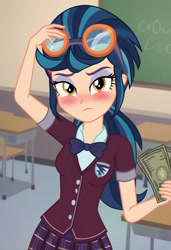 Size: 832x1216 | Tagged: safe, ai content, derpibooru import, machine learning generated, indigo zap, human, equestria girls, friendship games, g4, blushing, classroom, clothes, crystal prep academy uniform, embarrassed, female, female focus, frown, goggles, goggles on head, indoors, looking at you, male, money, offscreen character, pov, prompter:nw th, school uniform, short sleeves, solo focus