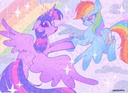 Size: 2048x1480 | Tagged: safe, artist:petaltwinkle, derpibooru import, rainbow dash, twilight sparkle, twilight sparkle (alicorn), alicorn, pegasus, pony, g4, adversarial noise, duo, duo female, female, flying, flying lesson, heart, heart eyes, lesbian, mare, open mouth, outdoors, shipping, sky, sparkles, spread wings, tail, twidash, wingding eyes, wings, wrong cutie mark