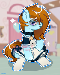 Size: 1920x2396 | Tagged: safe, artist:scarffist, derpibooru exclusive, derpibooru import, oc, oc only, earth pony, pony, angry, base used, blue eyes, clothes, collar, commission, dress, ear piercing, eyeshadow, long hair, long mane, looking at you, maid, makeup, piercing, short tail, solo, sparkles, stockings, tail, thigh highs, ych result