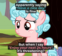 Size: 860x774 | Tagged: safe, derpibooru import, edit, edited screencap, editor:modus_ponens, screencap, cozy glow, pegasus, pony, g4, caption, confused, cozyposting, cropped, female, filly, foal, meme, ponified, ponified meme, socially awkward, solo, text, threatening