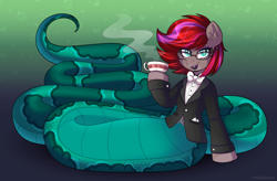 Size: 3800x2496 | Tagged: safe, artist:madelinne, derpibooru import, oc, oc only, oc:bookwyrm, lamia, original species, clothes, cup, female, glasses, mare, solo, teacup