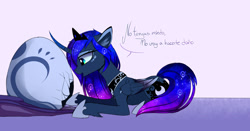 Size: 2536x1329 | Tagged: safe, artist:magnaluna, derpibooru import, princess luna, alicorn, pony, g4, concave belly, crown, curved horn, dragon egg, egg, eyeshadow, female, folded wings, hoof shoes, horn, jewelry, lying down, makeup, mare, open mouth, peytral, princess shoes, prone, regalia, slender, spanish, tail, thin, wings