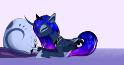 Size: 2536x1329 | Tagged: safe, artist:magnaluna, derpibooru import, princess luna, oc, oc:zefiroth, alicorn, dragon, pony, g4, baby, baby dragon, concave belly, crown, curved horn, dragon egg, dragon oc, egg, eyes closed, eyeshadow, female, folded wings, hoof shoes, horn, jewelry, lying down, makeup, mare, non-pony oc, peytral, princess shoes, prone, regalia, slender, smiling, tail, thin, wings