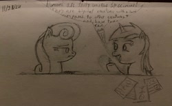 Size: 4032x2487 | Tagged: safe, artist:ponerr, derpibooru import, bon bon, lyra heartstrings, sweetie drops, g4, bon bon is not amused, dialogue, drawing, female, lesbian, lyrabon, monochrome, pencil drawing, shipping, signature, that pony sure does love humans, traditional art, unamused