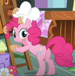 Size: 524x536 | Tagged: safe, derpibooru import, screencap, gummy, pinkie pie, alligator, earth pony, pony, g4, the one where pinkie pie knows, balloonbutt, bipedal, butt, chef's hat, cropped, female, hat, ladder, looking back, mare, my little pony: friendship is magic, plot, solo, sugarcube corner