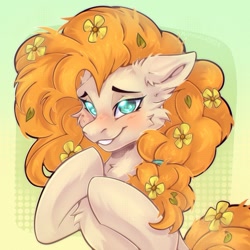 Size: 1181x1181 | Tagged: safe, artist:koffeemilk, derpibooru import, pear butter, earth pony, pony, g4, abstract background, cheek fluff, female, flower, flower in hair, grin, mare, smiling, solo