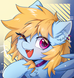 Size: 2344x2454 | Tagged: safe, artist:gale spark, derpibooru import, oc, oc only, oc:gale spark, pegasus, abstract background, chest fluff, ear fluff, ears, open mouth, open smile, smiling, solo