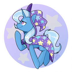 Size: 2894x2894 | Tagged: safe, artist:jellysketch, derpibooru import, trixie, pony, unicorn, g4, brooch, cape, clothes, female, hat, high res, horn, jewelry, mare, raised hoof, raised leg, smiling, solo, trixie's brooch, trixie's cape, trixie's hat