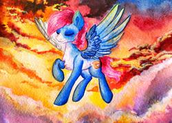 Size: 2560x1829 | Tagged: safe, artist:just_yuki, derpibooru import, oc, oc only, pegasus, pony, blue skin, cloud, eyes closed, flying, male, male oc, pegasus oc, pink mane, sky, stallion, sunset, tattoo, traditional art, watercolor painting, wings