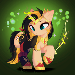 Size: 3981x3959 | Tagged: safe, artist:empress-twilight, derpibooru import, oc, oc only, oc:princess kirana, pony, unicorn, arrow, bow (weapon), bow and arrow, butt fluff, cheek fluff, clothes, colored pupils, commission, ear fluff, ears, eyelashes, glowing, glowing horn, gradient background, green magic, head turn, headpiece, hoof shoes, horn, leg fluff, magic, mouth hold, peach coat, peytral, princess shoes, quiver, raised hoof, raised leg, sparkles, sparkly mane, sparkly tail, stockings, tail, teal eyes, teal pupils, telekinesis, thigh highs, three quarter view, two toned mane, two toned tail, unicorn horn, weapon, ych result, yellow coat