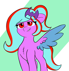 Size: 3303x3427 | Tagged: safe, artist:riley_draws_, derpibooru import, oc, oc only, oc:star beats, pegasus, pony, birthday gift art, chest fluff, cute, cyan mane, gift art, pegasus oc, pegasus wings, pose, purple coat, red eyes, smiling, smirk, solo, two toned background, wings