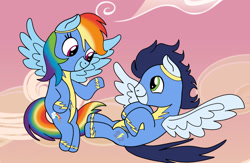 Size: 1280x835 | Tagged: safe, artist:mrsdashskies, derpibooru import, rainbow dash, soarin', pegasus, pony, clothes, female, flying, looking at each other, looking at someone, male, mare, shipping, smiling, smiling at each other, soarindash, stallion, straight, uniform, wonderbolts, wonderbolts uniform