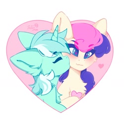 Size: 1026x1027 | Tagged: safe, artist:shooshaa, derpibooru import, bon bon, lyra heartstrings, sweetie drops, earth pony, pony, unicorn, g4, duo, female, floating heart, heart, heart eyes, horn, kiss on the cheek, kissing, lesbian, lyrabon, mare, shipping, wingding eyes