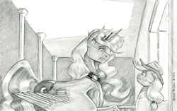 Size: 1300x816 | Tagged: safe, artist:baron engel, derpibooru import, applejack, princess luna, alicorn, earth pony, pony, g4, female, mare, monochrome, pencil drawing, story included, traditional art