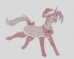 Size: 2400x1900 | Tagged: safe, artist:stray prey, derpibooru import, oc, oc only, oc:acidia, pony, unicorn, bow, christmas, clothes, hat, holiday, horn, santa hat, socks, solo, tail, tail bow, unicorn oc