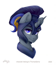 Size: 1094x1280 | Tagged: safe, artist:shooshaa, derpibooru import, oc, oc only, pony, unicorn, bust, commission, helmet, horn, male, peytral, portrait, simple background, stallion, white background